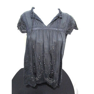 Love Sam Anthropologie Black Eyelet Lace Embroidered Peasant Blouse Women M